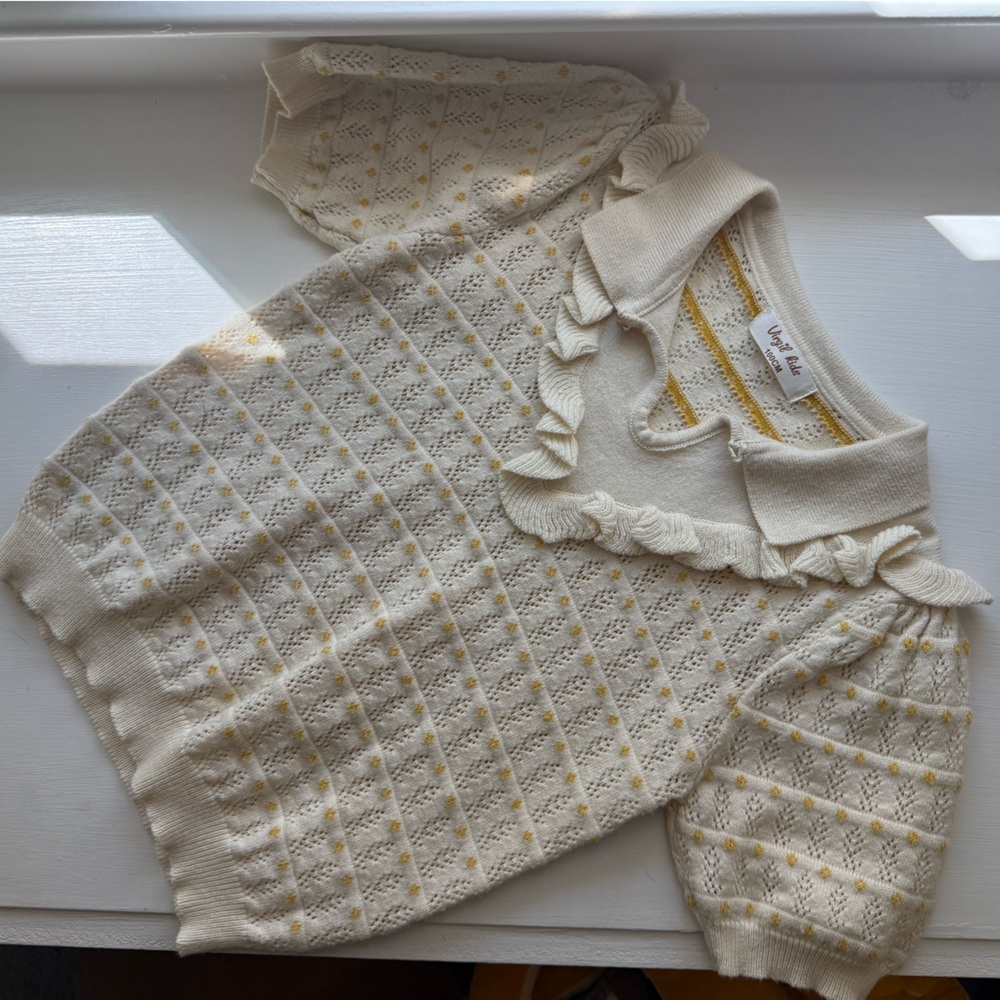 Cream and Yellow Knit Sweater with Ruffle Details